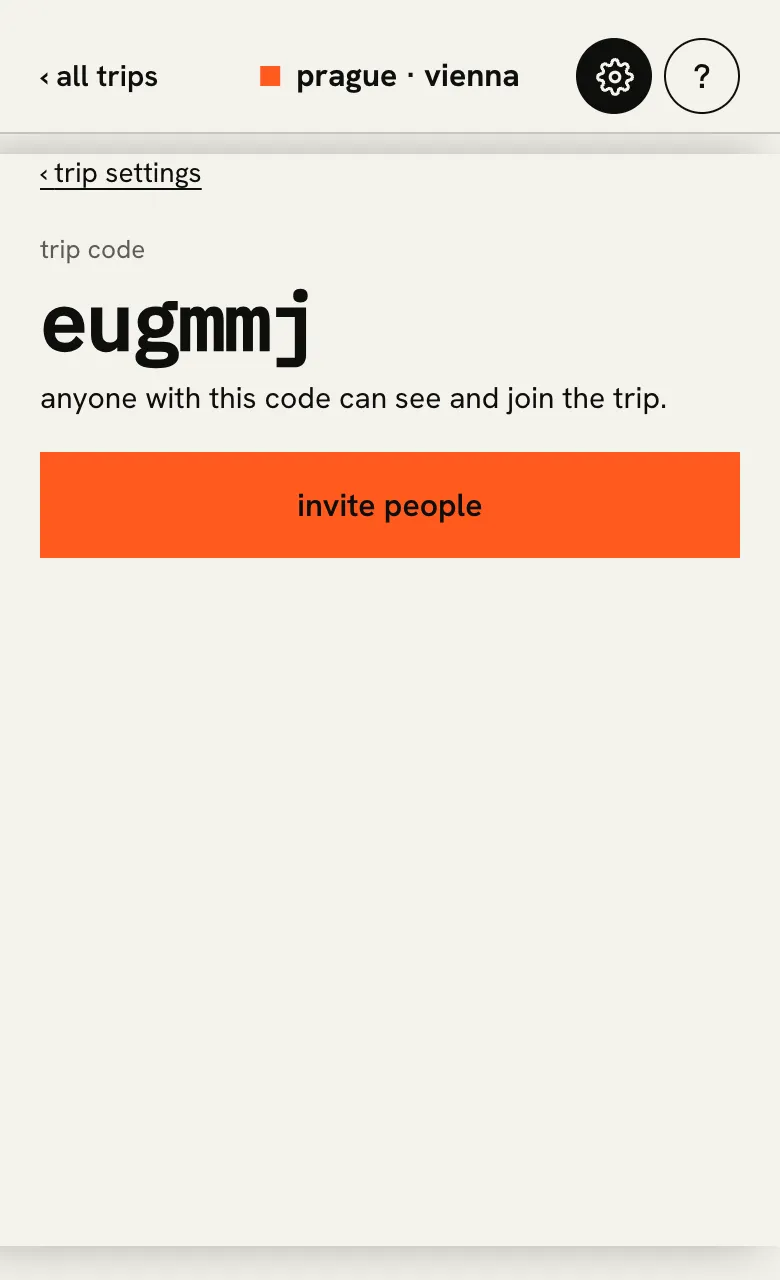 trippee showing a trip's six-letter code and an invite people button