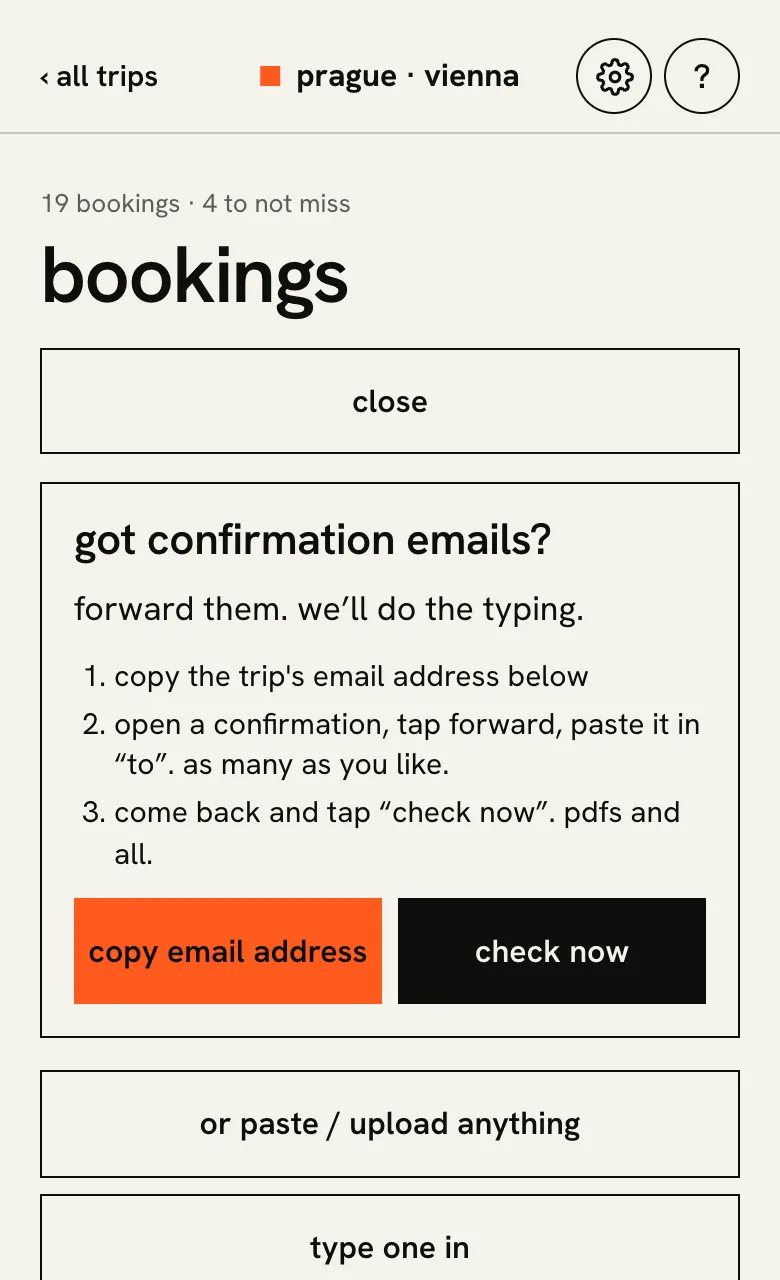 trippee's bookings page: copy the trip's email address, forward a confirmation, tap check now